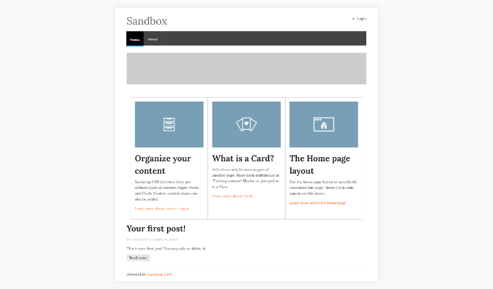 Front page of Backdrop using Cleanish theme