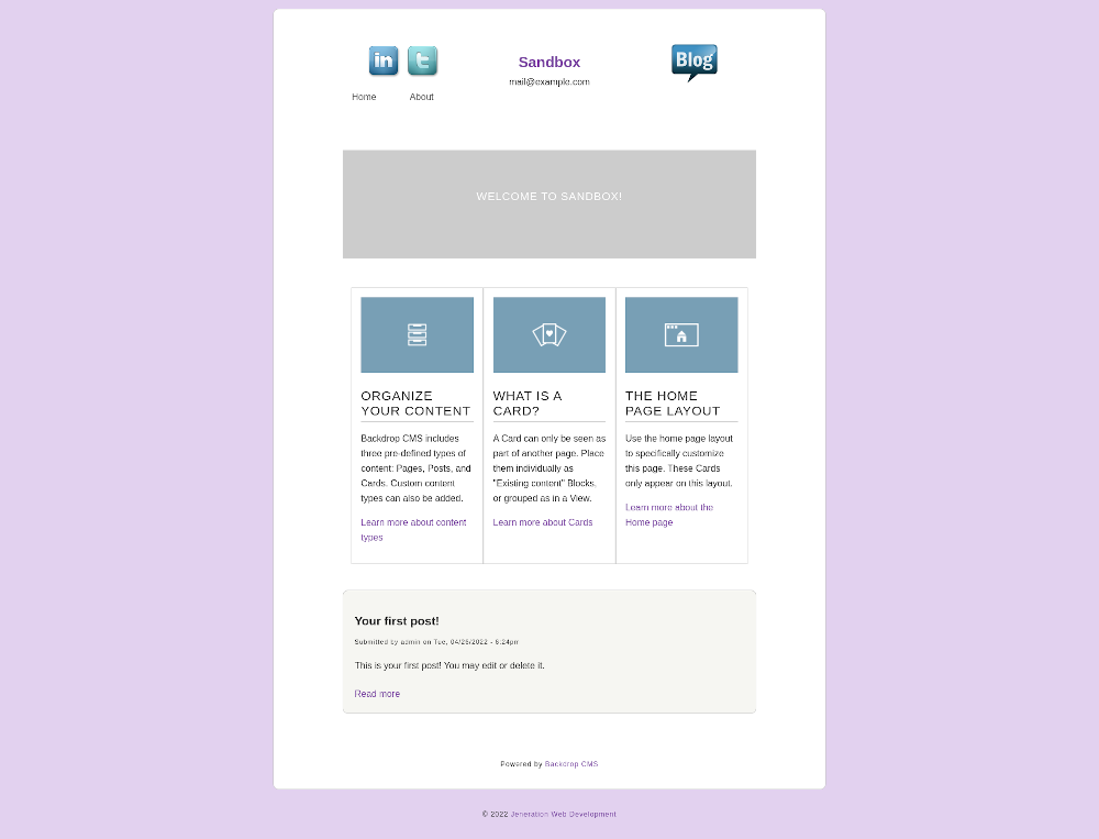 ​​​​​​Screenshot of front page of Pretty in Purple theme.